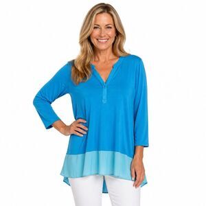 Ali Miles Tunic Blouse Womens XL Blue Colorblock Henley 3/4 Sleeve Top